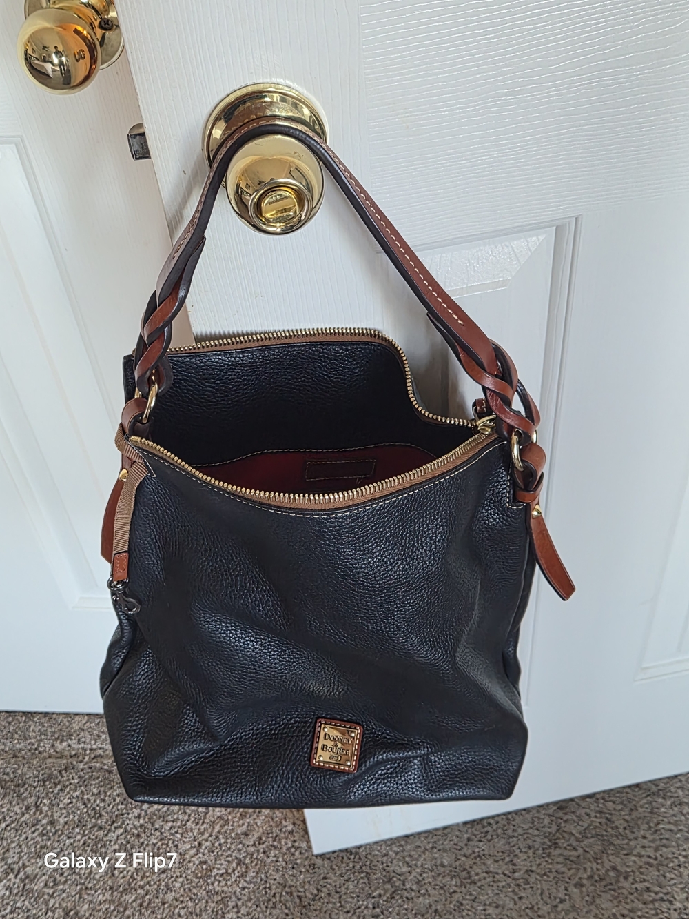Dooney & Bourke Black Leather Shoulder Bag with Brown Trim